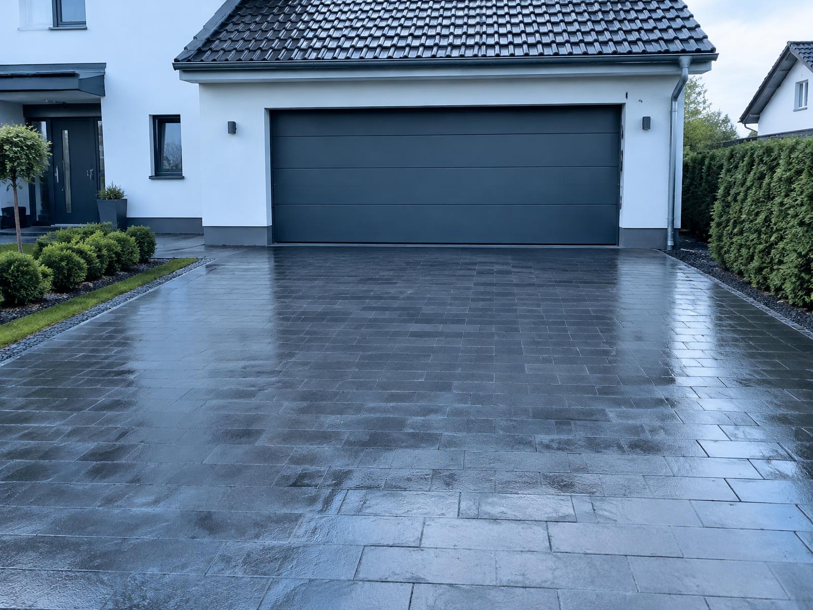 Gereinigte gepflasterte Garageneinfahrt