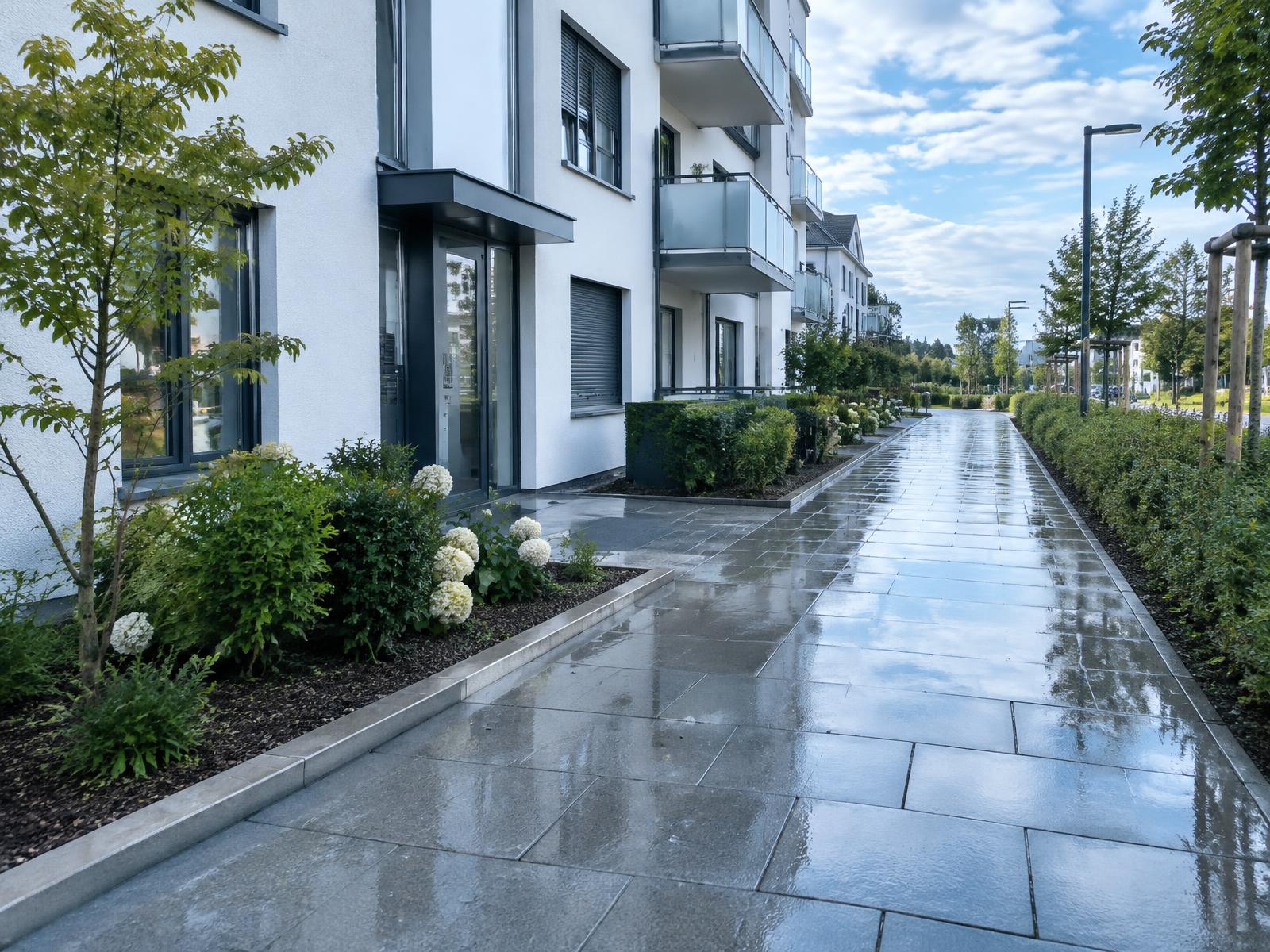Frisch gereinigter Gehweg vor einem Wohnhaus