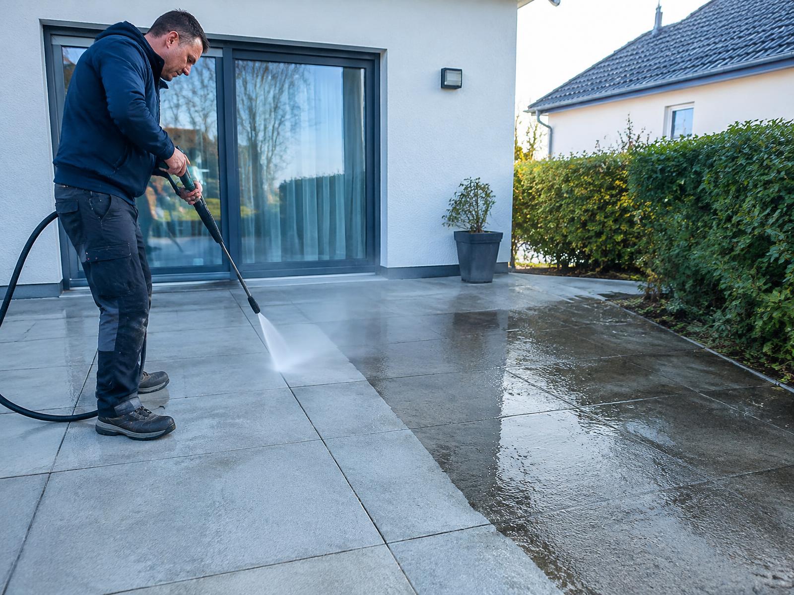 Hochdruckreinigung einer Terrasse aus Steinplatten